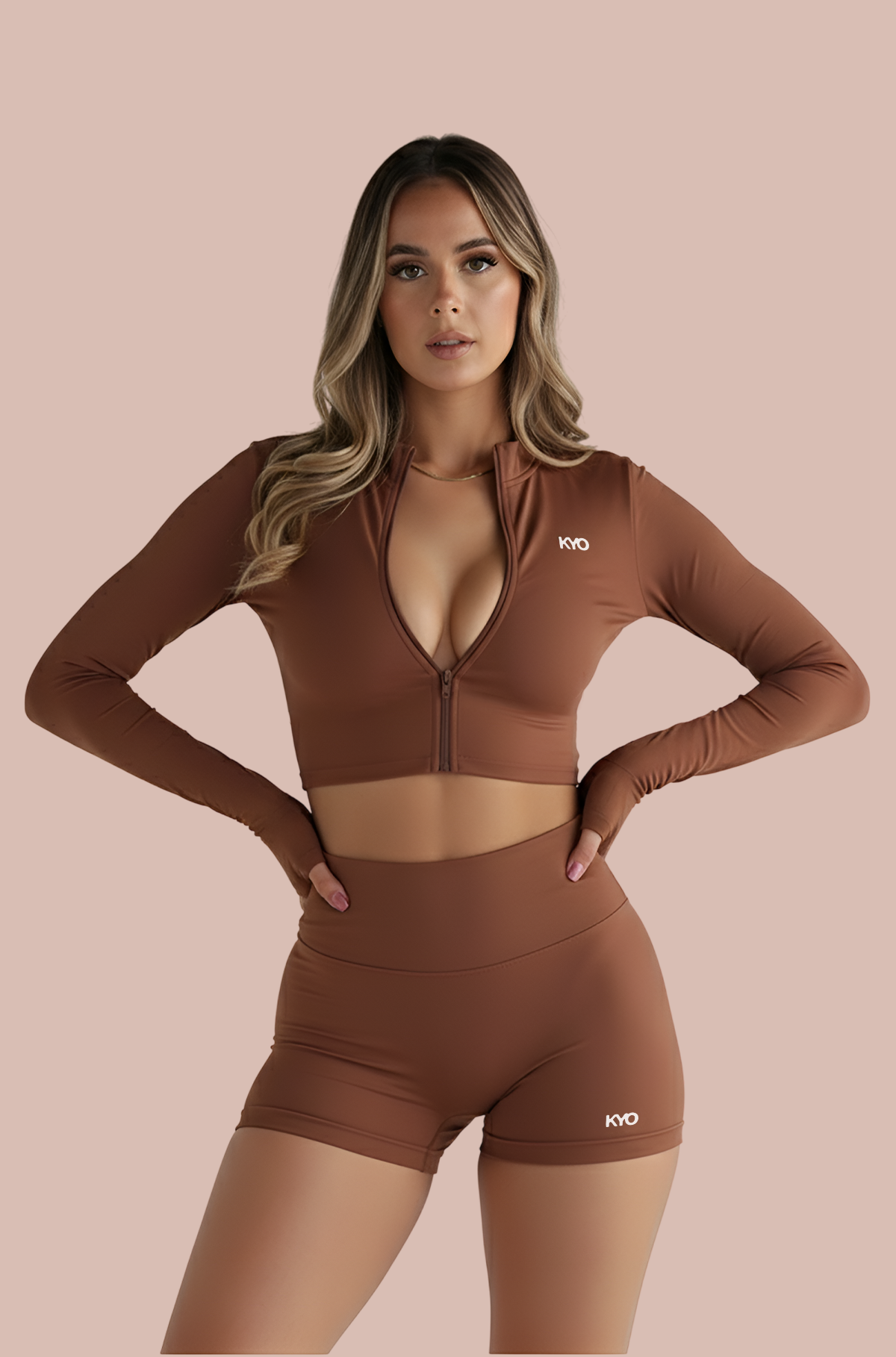 3-PIECE UZUME ZIP JACKET, CROP BRA & LEGGINGS BROWN