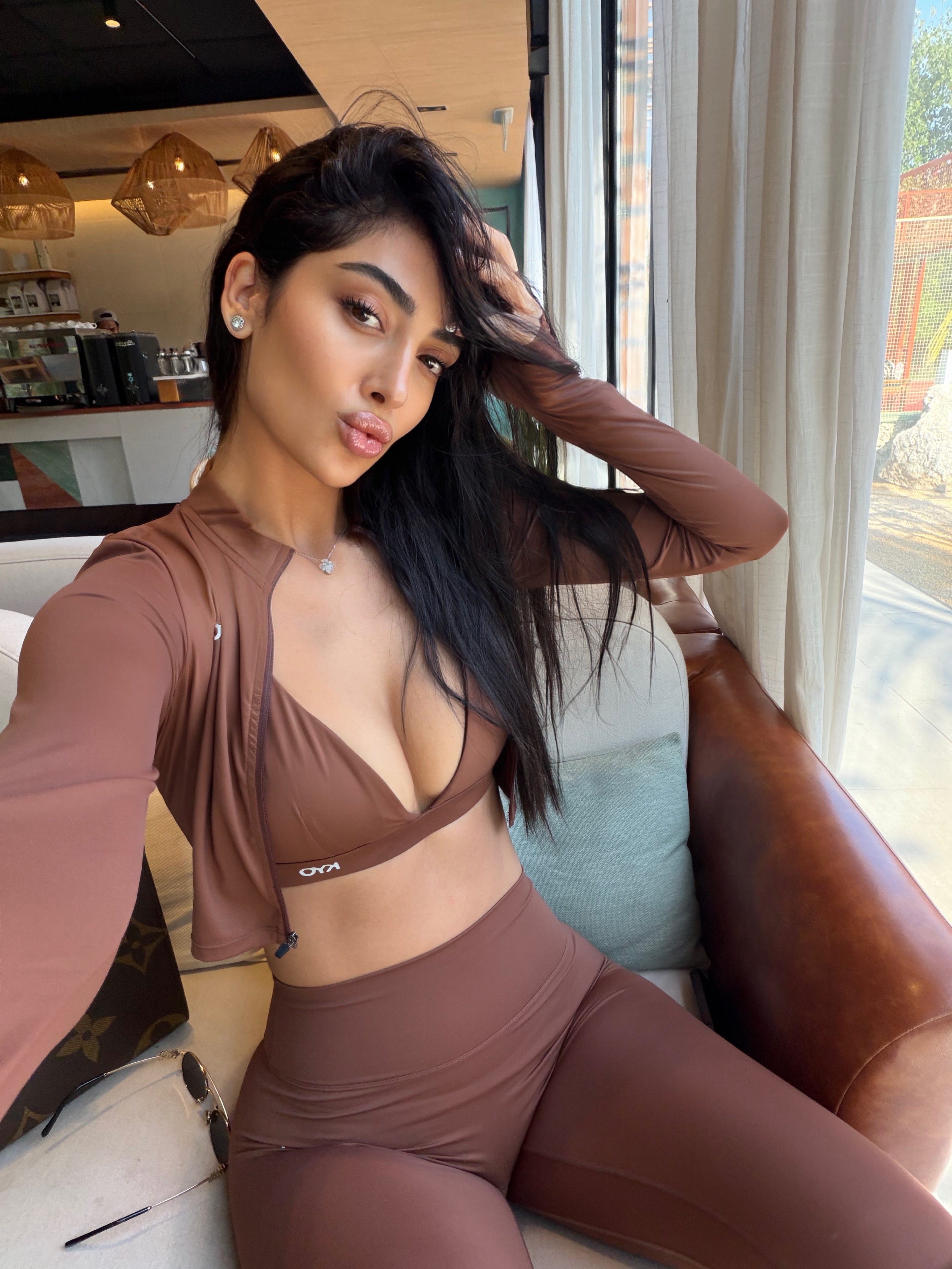 3-PIECE UZUME ZIP JACKET, CROP BRA & LEGGINGS BROWN